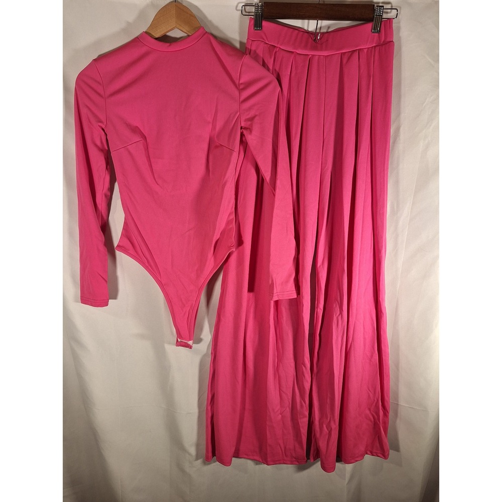 Hot Pink 2 Piece Set Womens Small Bodysuit and Wide Leg Pants Mock Neck Vibrant